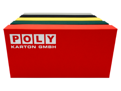 Roter, grüner, gelber, schwarzer, grauer Karton mit Logo.