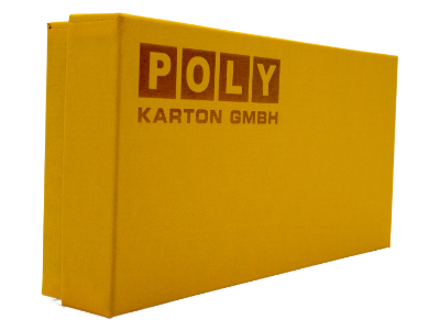 Großer gelber Karton mit goldenem Logo - Heißfolienprägung.