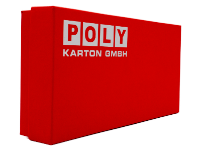 Großer roter Karton mit silbern Logo - Heißfolienprägung.