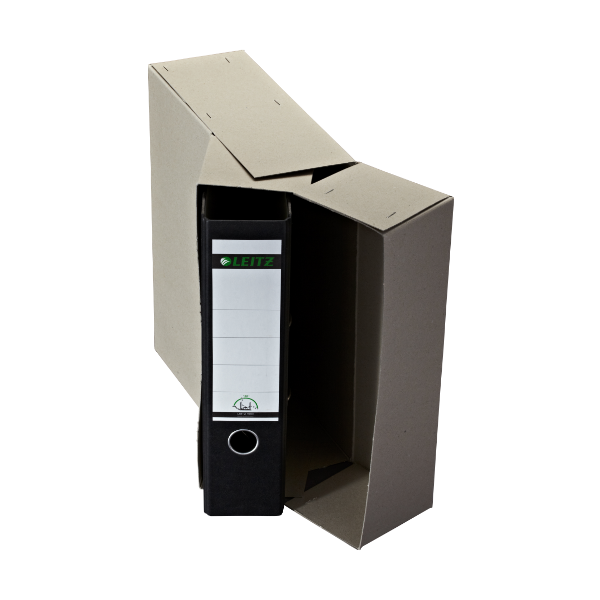 archiv-karton-mit-ordner Archivbox mit Ordner aus stabiler Vollpappe zur Archivierung von Dokumenten.