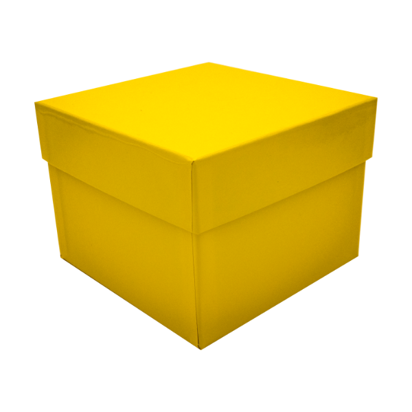 Gelber hoher Karton mit Deckel und Glanz - Eckenansicht